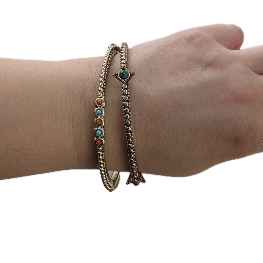 Graziano Italy Bangle Bracelet 2 Piece Set Statement Antiqued Gold With Stones
